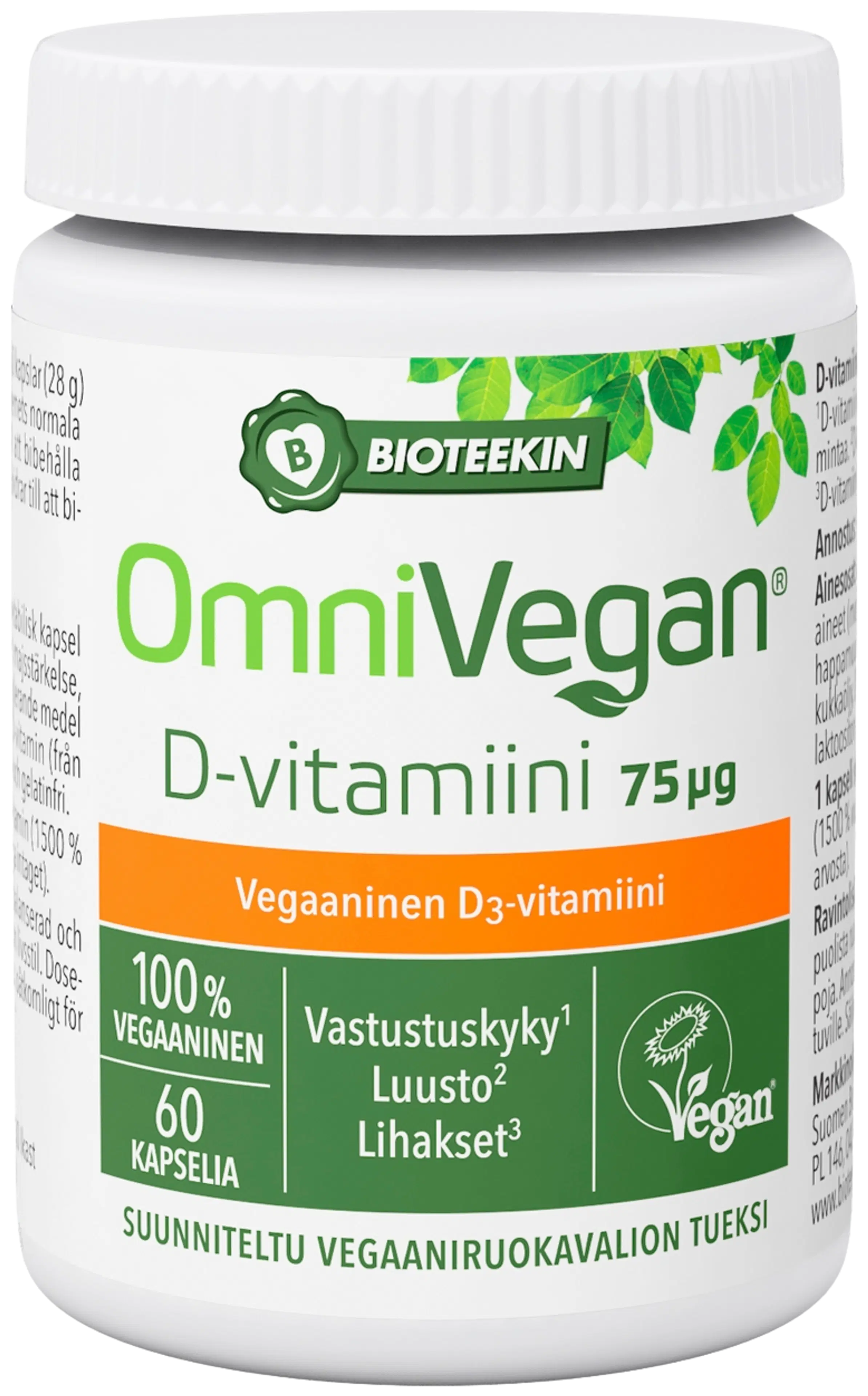 Bioteekki OmniVegan D-vitamiini 75 mikrog ravintolisä 60 kaps.