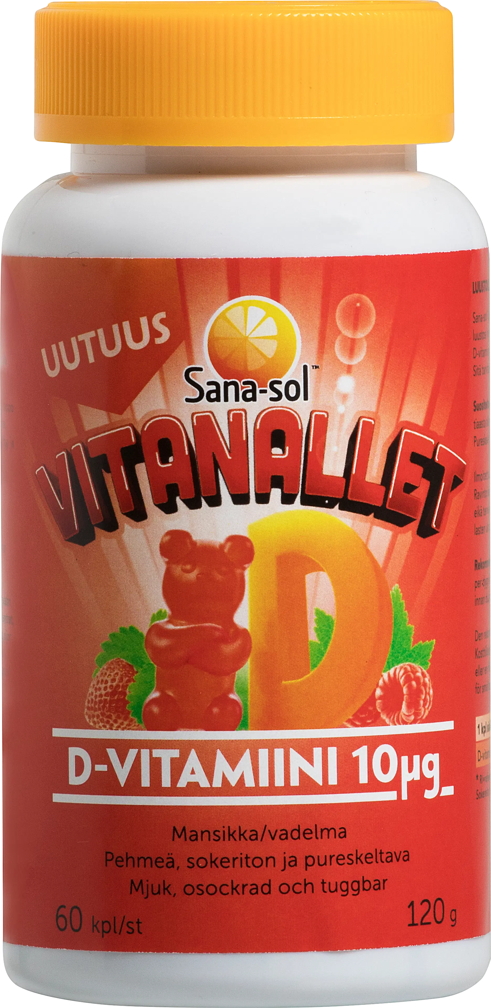 Sana-sol Vitanallet D-vitamiini 10µg Mansikka/vadelma pehmeä, sokeriton ja pureskeltava D-vitamiinivalmiste 60kpl