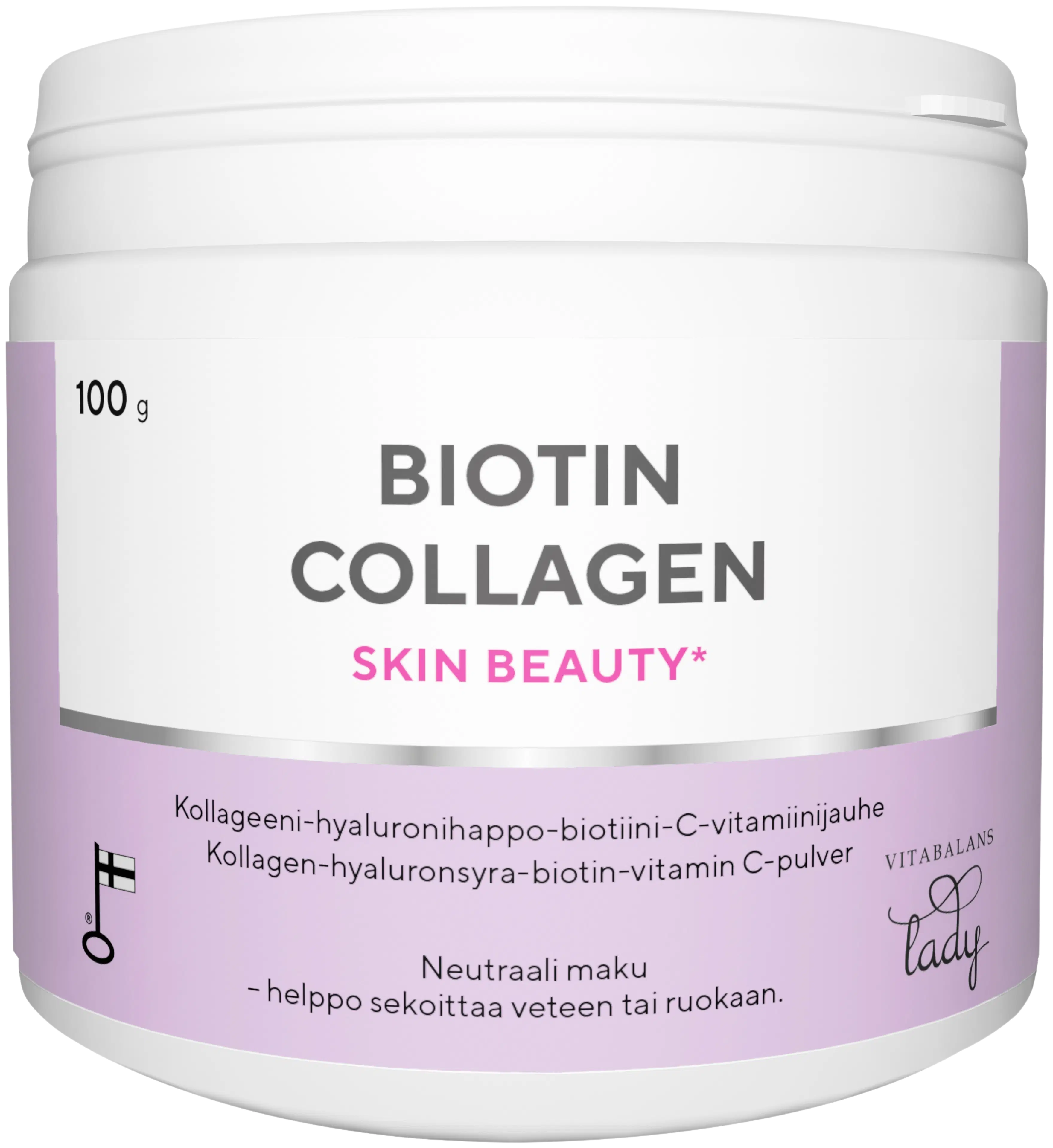 Biotin Collagen 100 g., kotimainen kollageeni-hyaluronihappo-biotiini-C-vitamiini jauhe,  Vitabalans