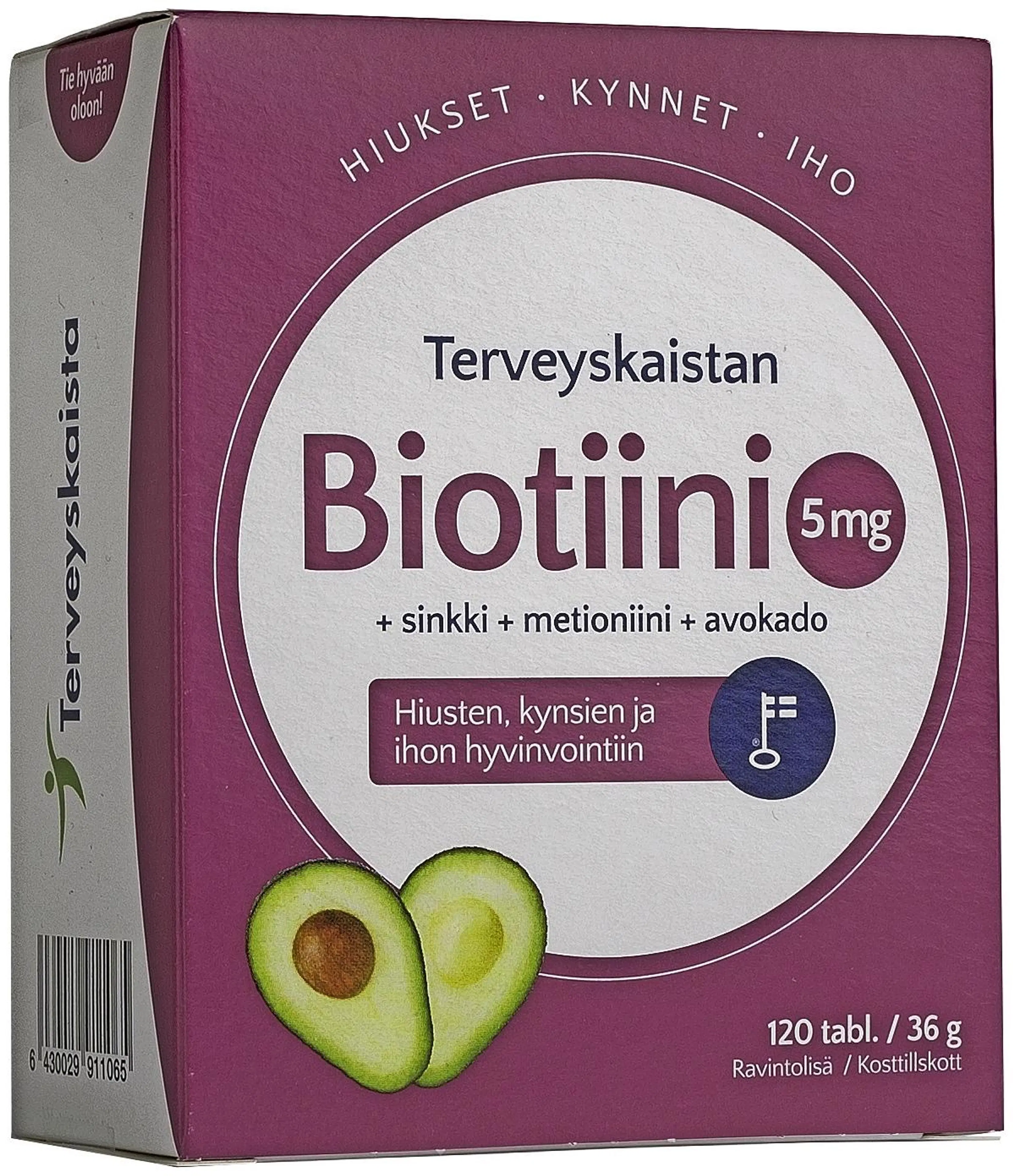 Terveyskaistan Biotiini 5 mg + sinkki + metioniini + avokado ravintolisä 120 tabl.