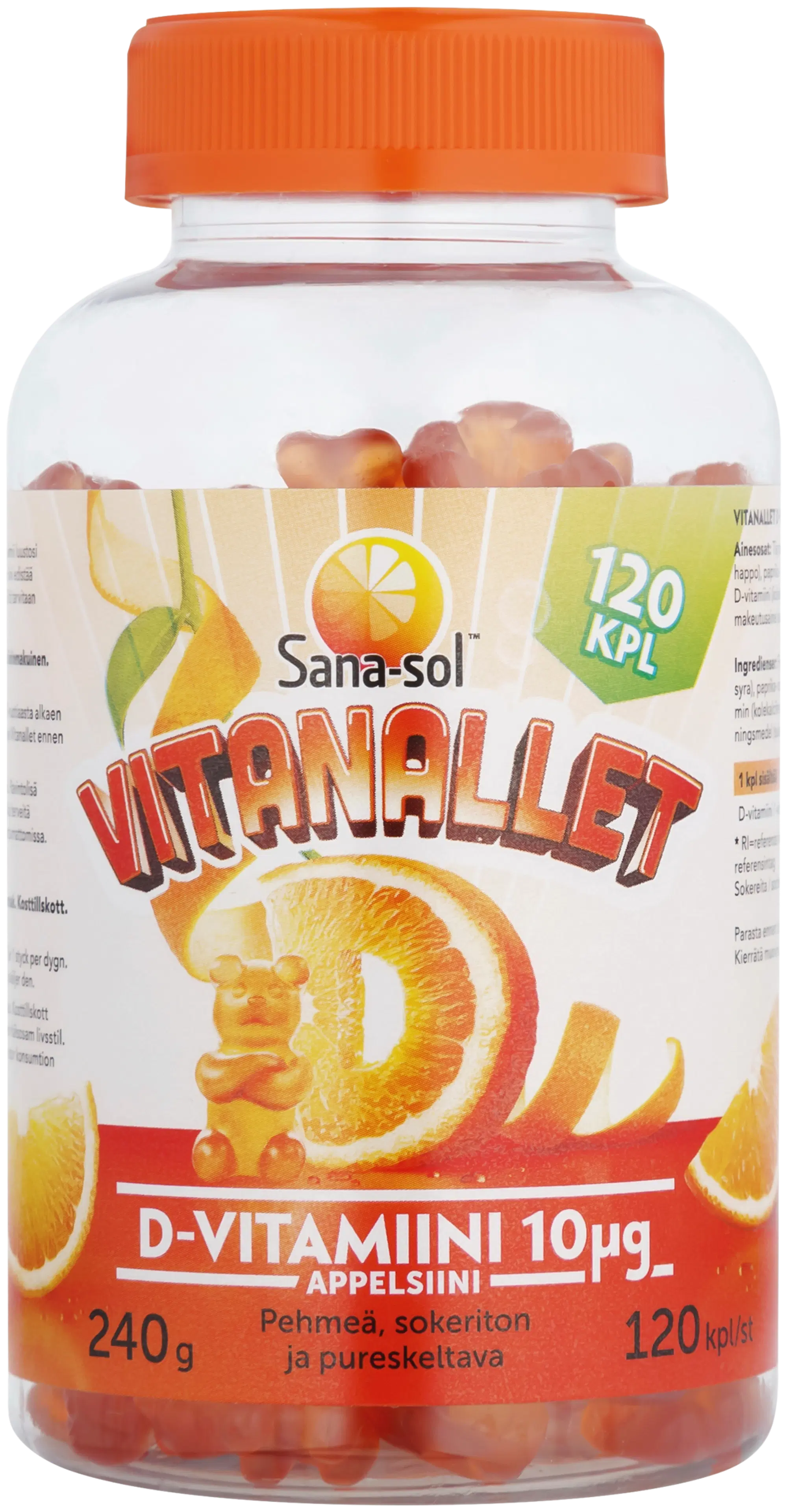 Sana-sol Vitanallet D-vitamiini 10µg appelsiini ravintolisä 120kpl/240g