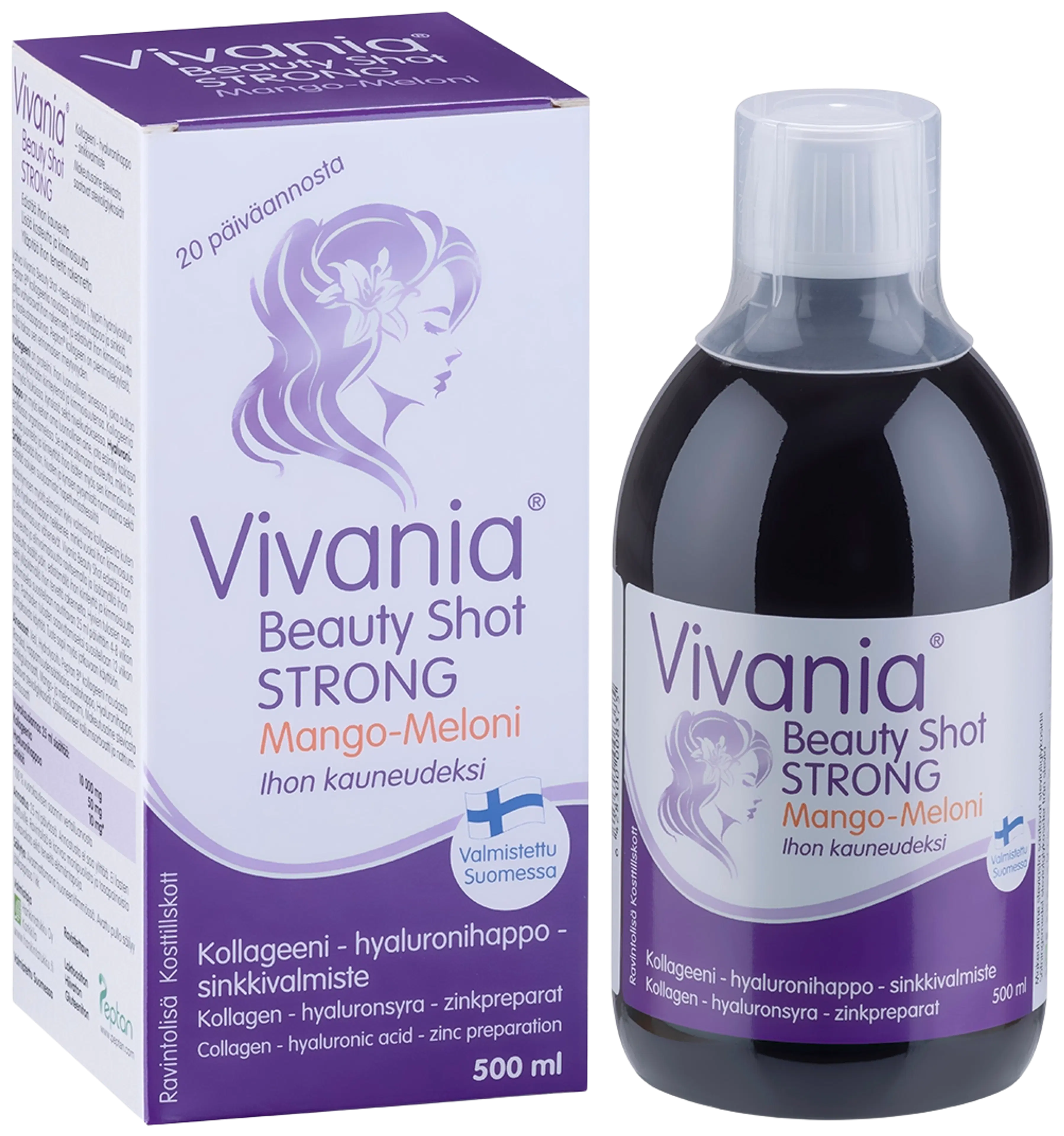 Vivania Beauty Shot Strong Mango-Meloni Kollageeni-hyaluronihappo-sinkki 500 ml