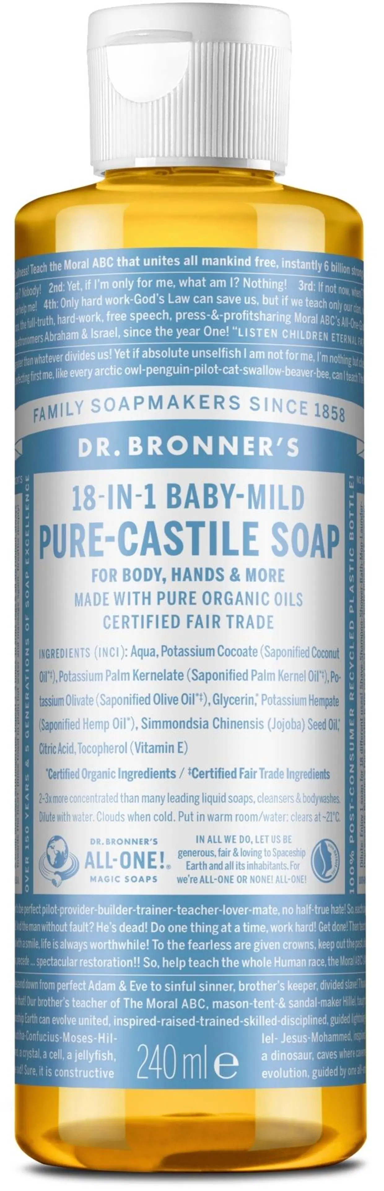 Dr Bronner's Pure Castile liquid soap Baby-Mild tuoksuton Kastilian saippua 240 ml