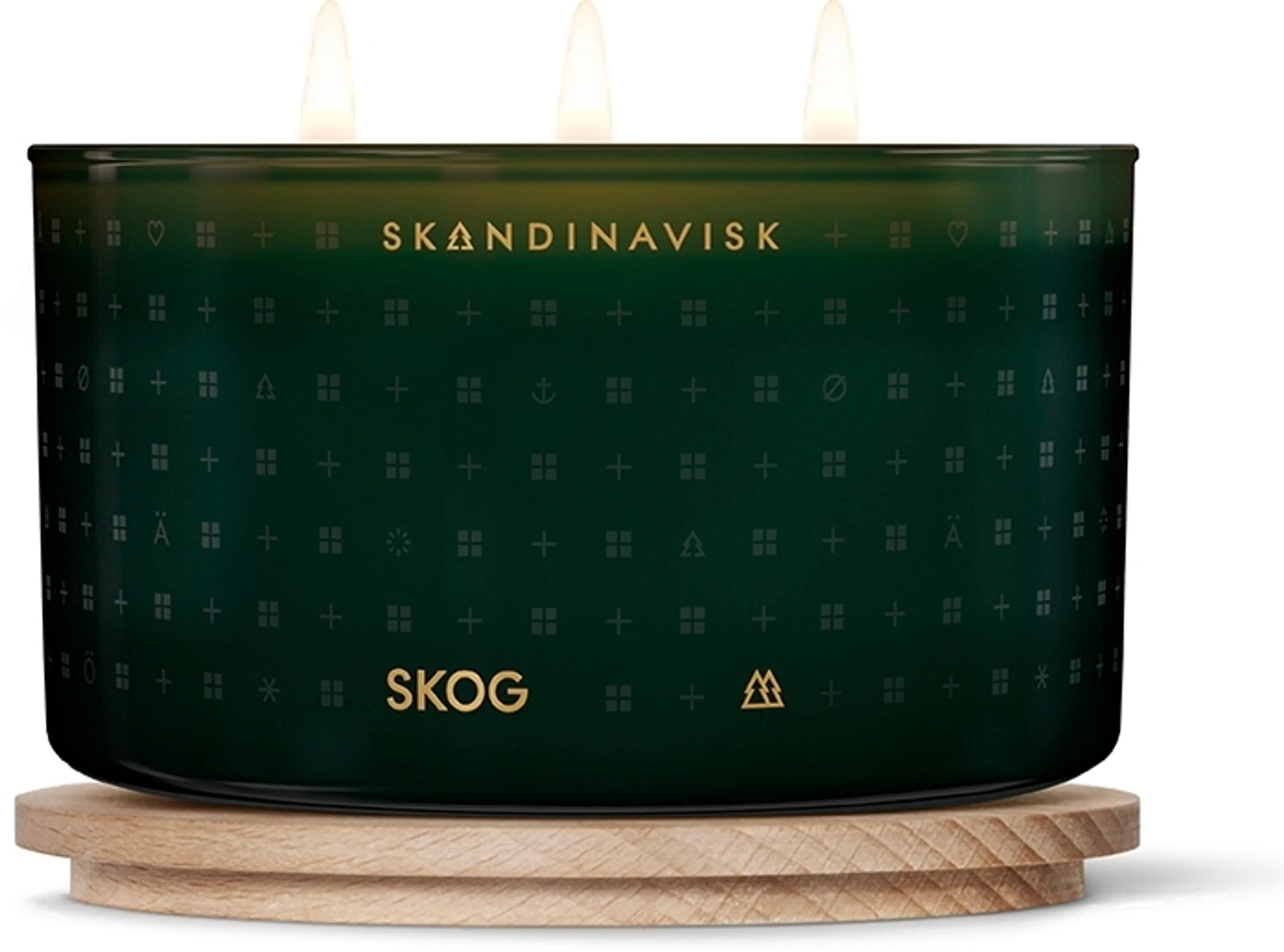 Skandinavisk Skog tuoksukynttilä kolmella sydänlangalla ja puukannella 475g, vihreä