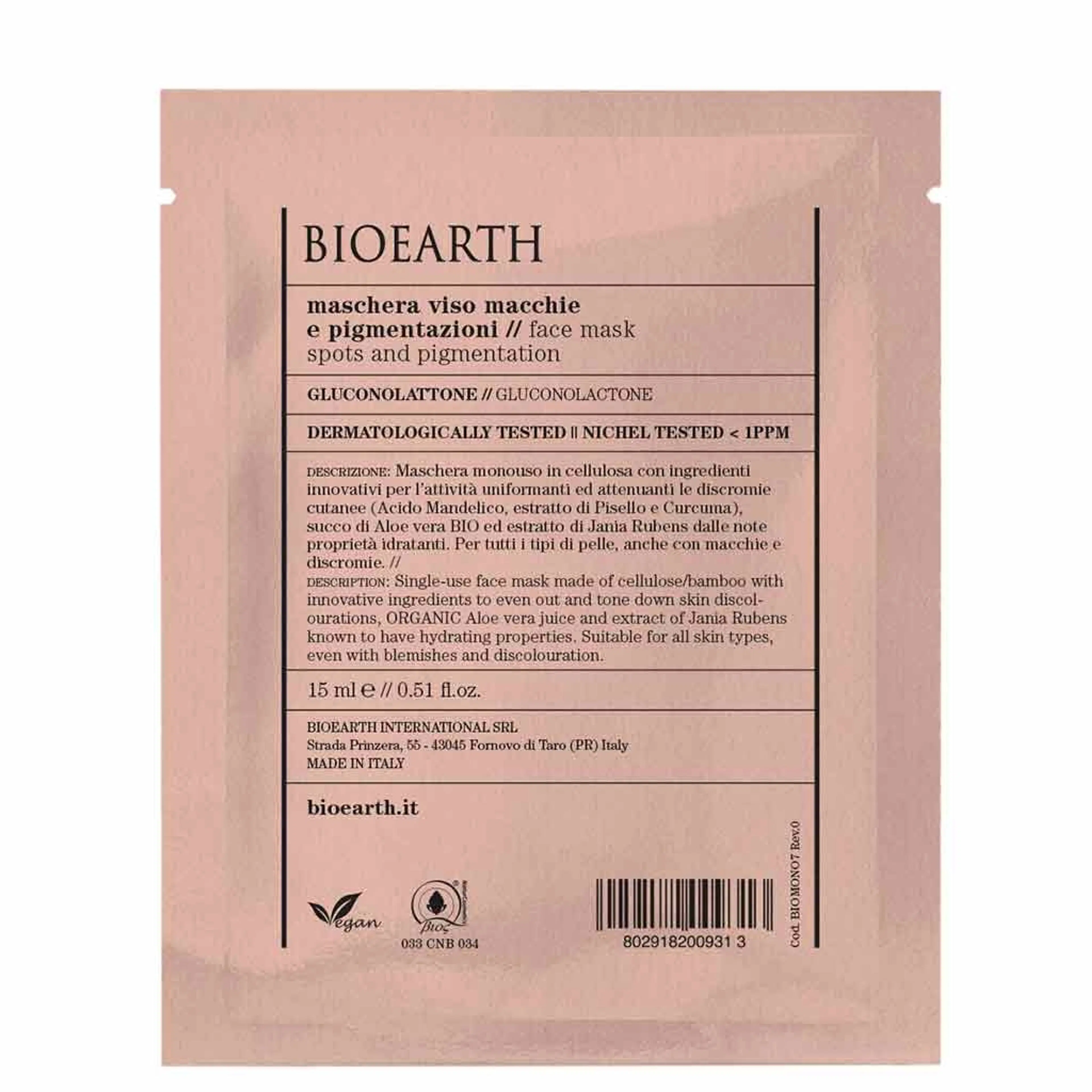 Bioearth Face Sheet Mask Spots And Pigmentation 15ml - Gluconolactone