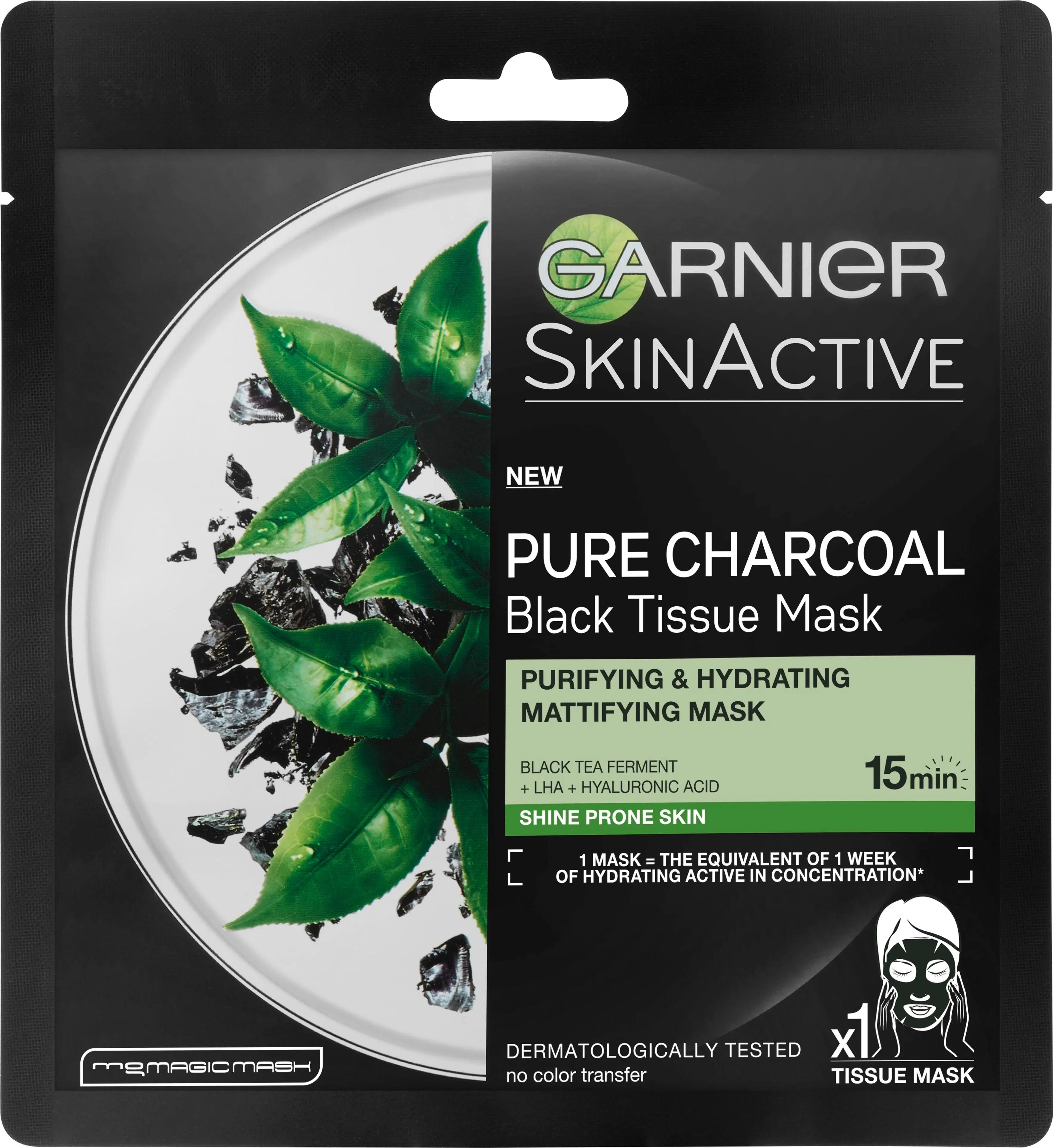 Garnier Skin Active Black Tissue Pure Charcoal Black Tea puhdistava ja kosteuttava naamio 32g