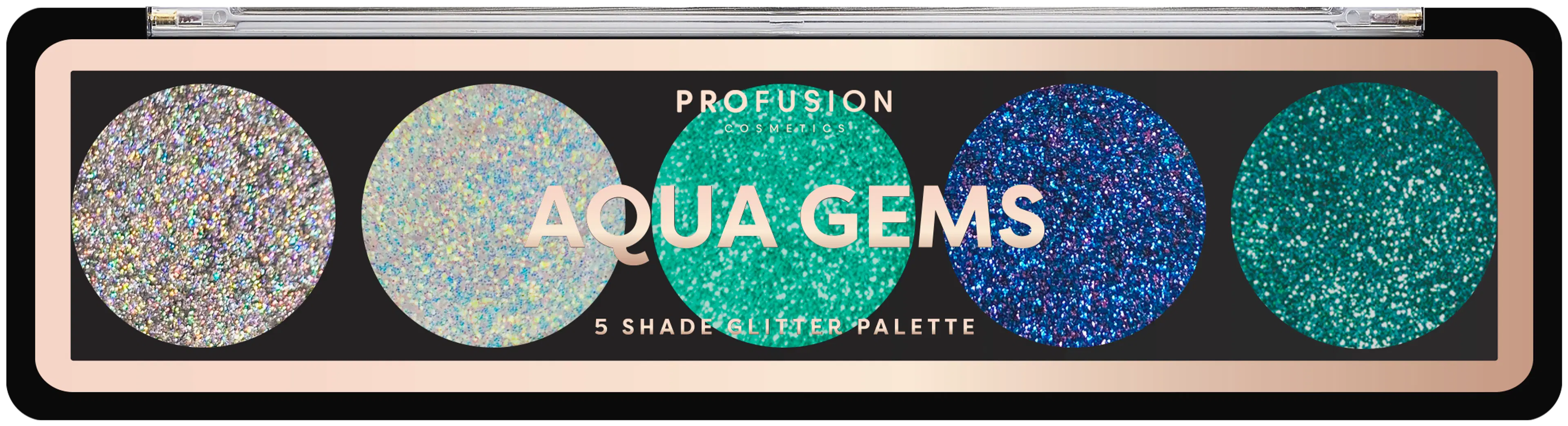 Profusion Cosmetics viiden sävyn glitterpaletti Aqua Gems