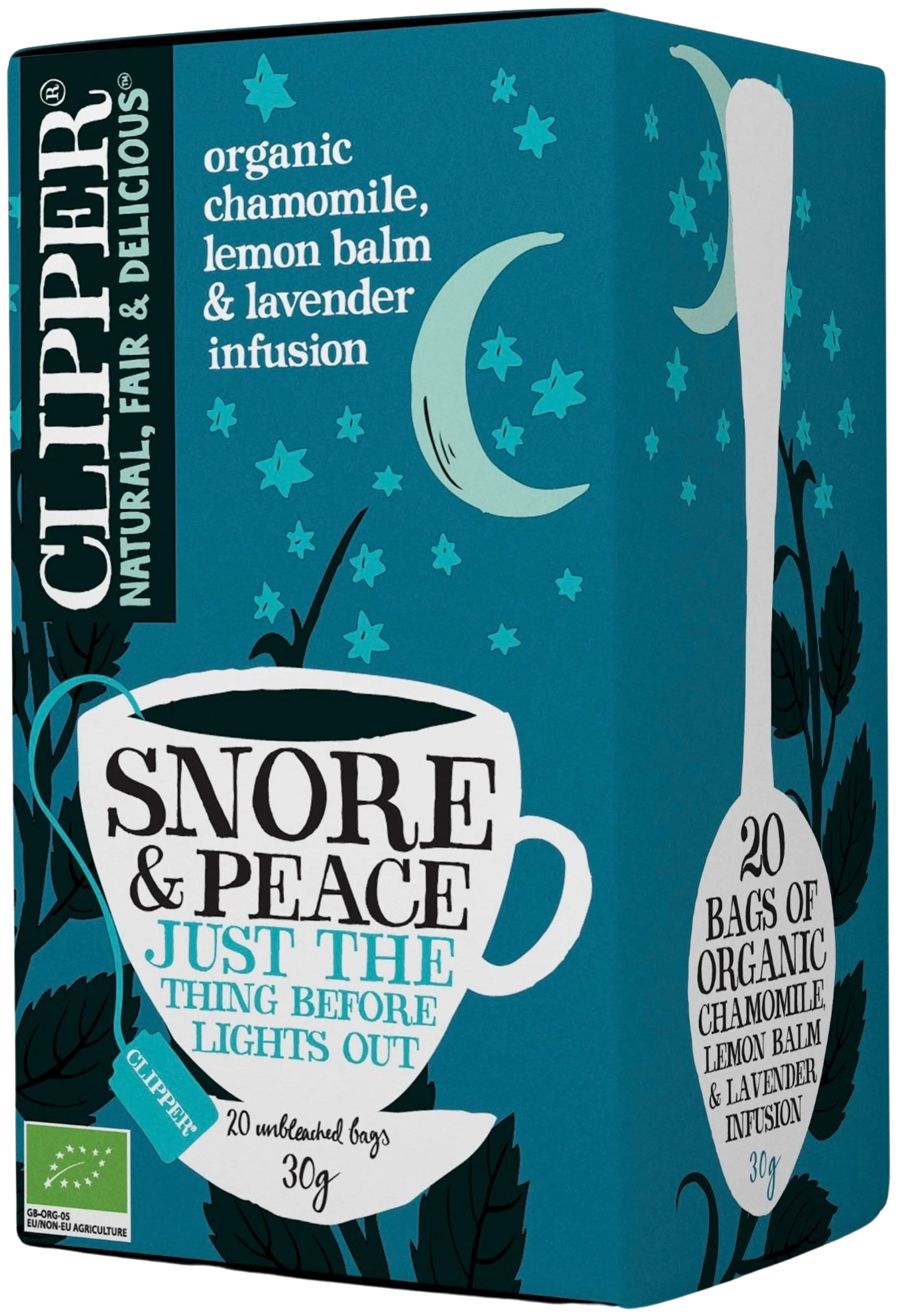 Clipper Snore & Peace. Luomu yrttihauduke, sisältää kamomillaa, sitruunamelissaa ja laventelia 30g / 20 pussia