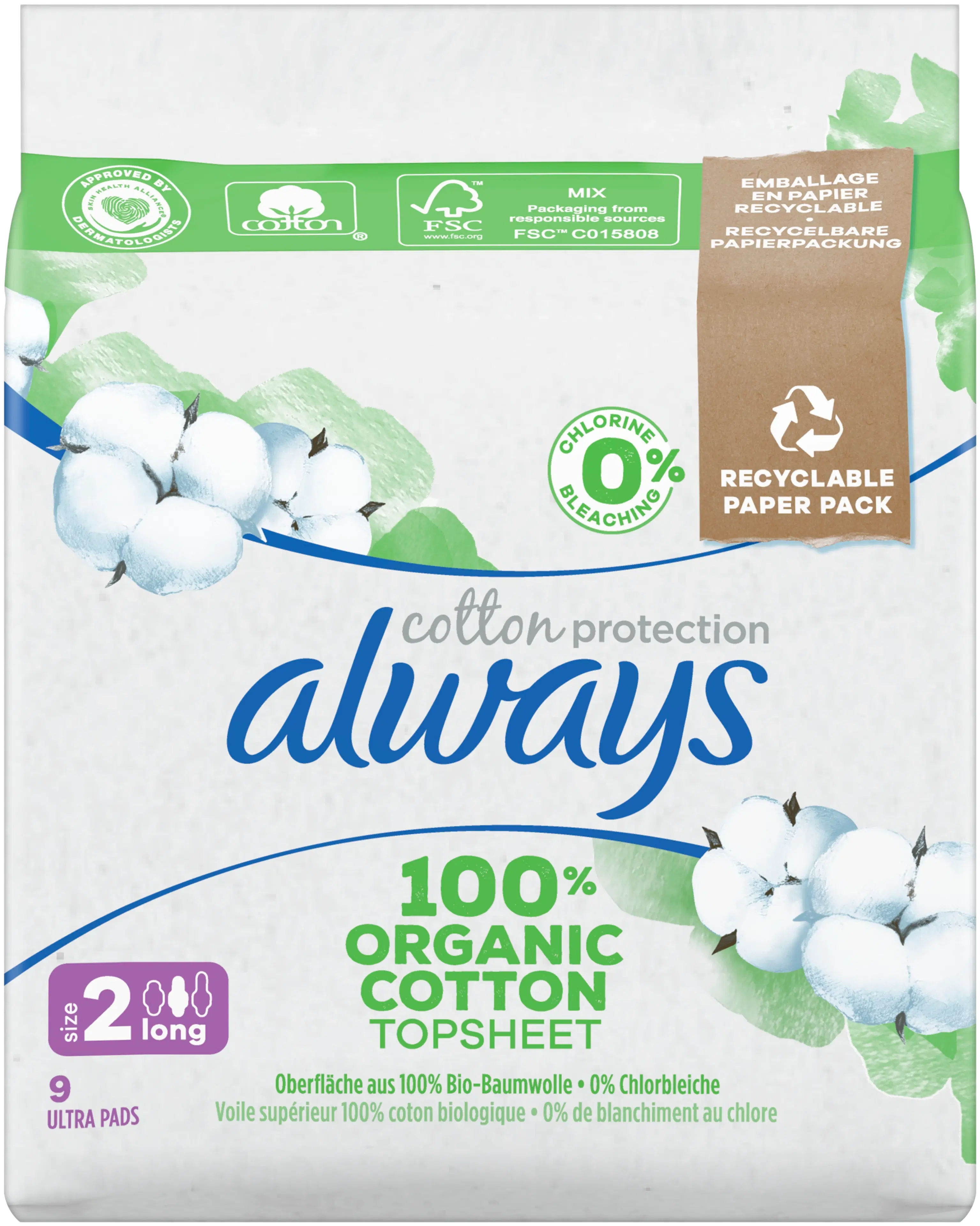 Always Cotton Protection Long S2 siivekkeillä 9kpl terveysside