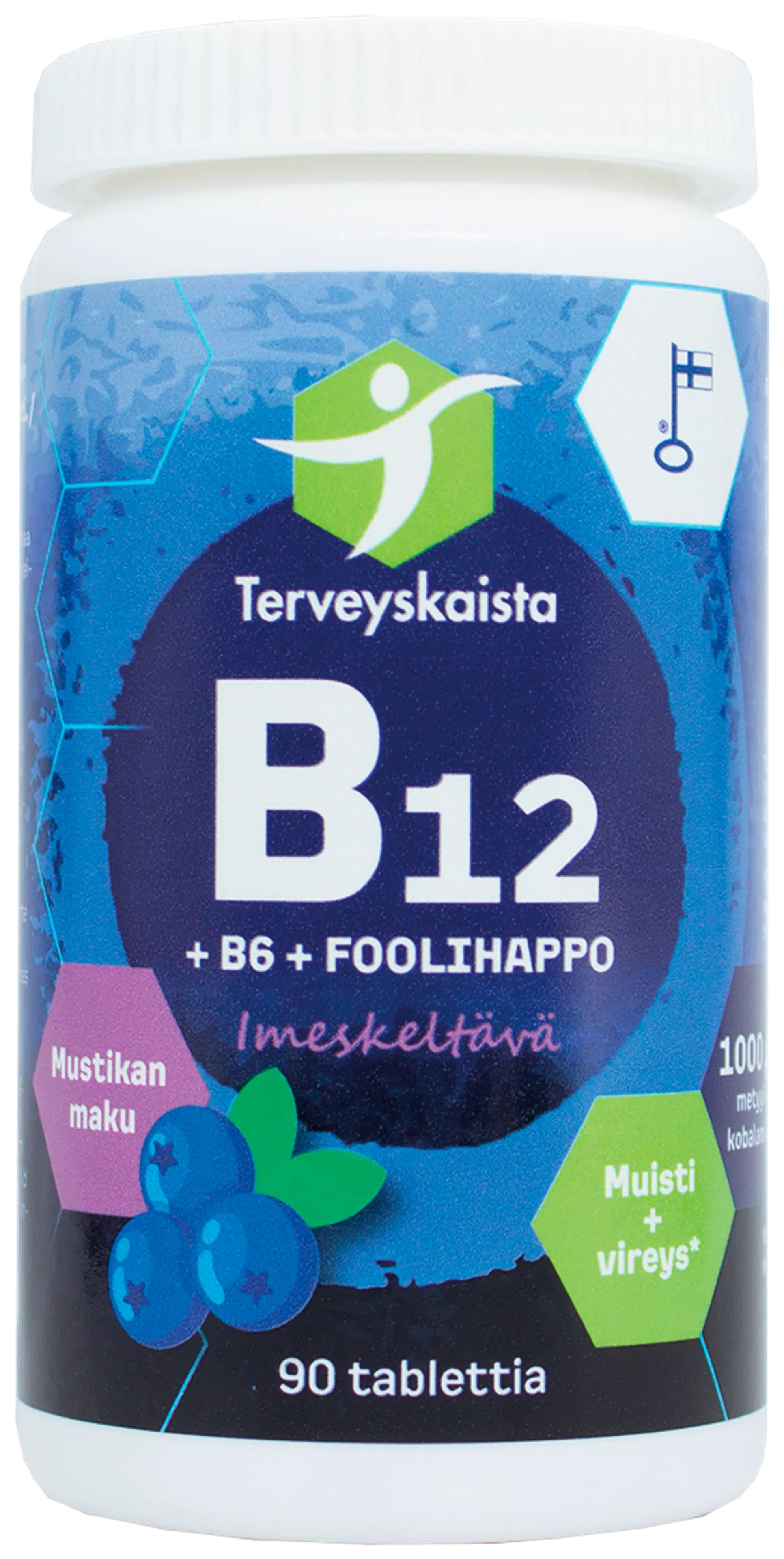 Terveyskaistan B12 + B6 + Foolihappo imeskeltävä mustikanmakuinen ravintolisä 90 tabl