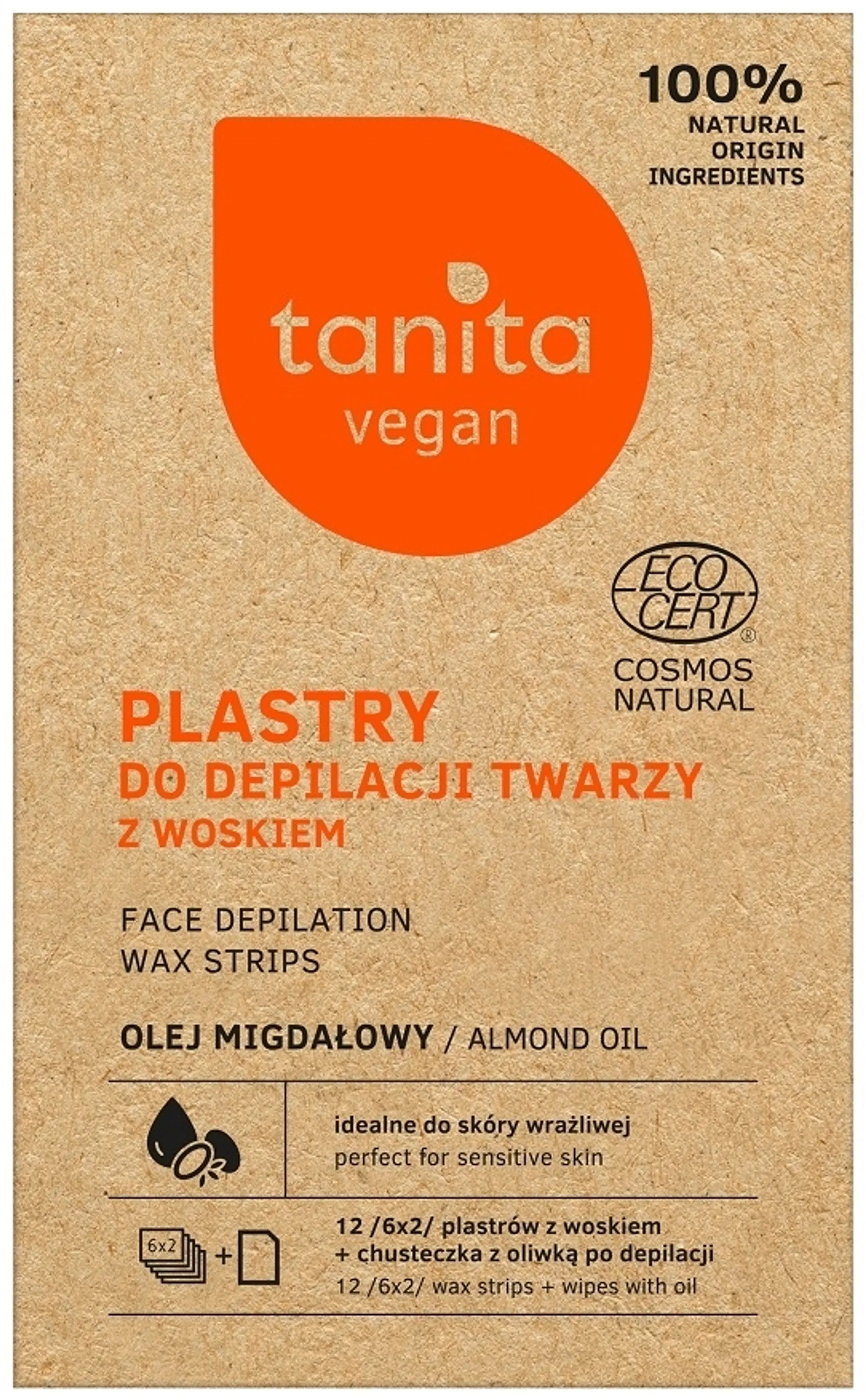 TANITA Vegan Face Depilation Wax Strips Almond Oil Ecocert 6x2pcs