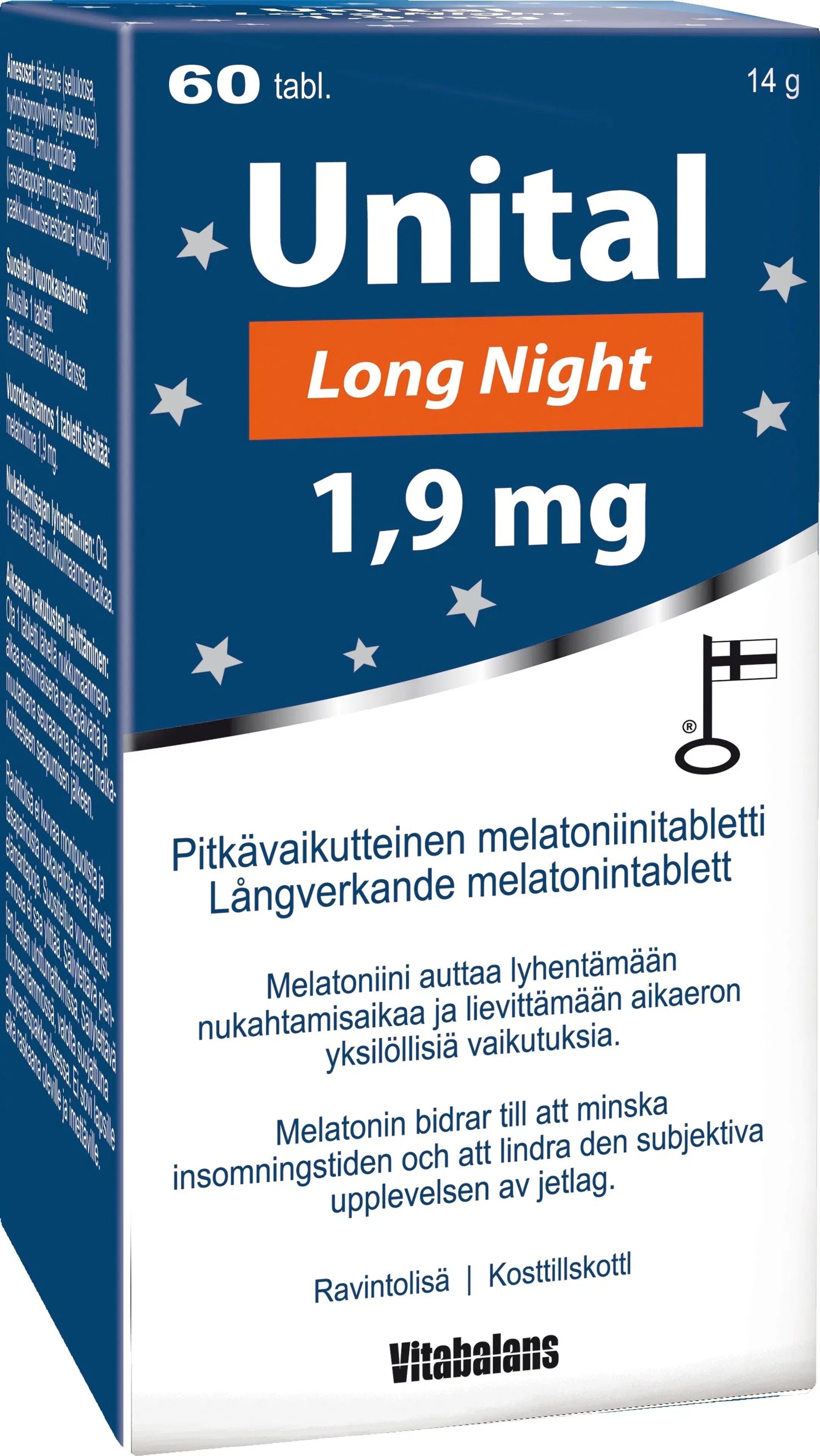 Pitkävaikutteinen melatoniinitabletti, Unital Long Night 1,9 mg, 60 tabl.