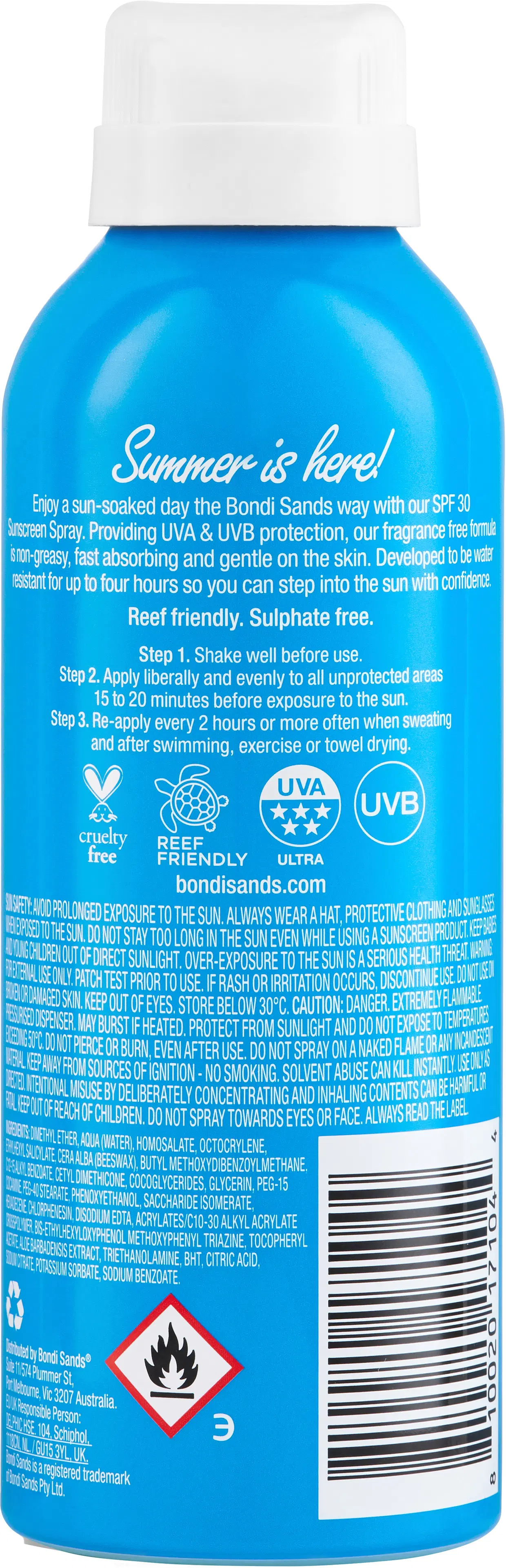 Bondi Sands Water Resistant Spray SPF 30 hajusteeton aurinkosuojasuihke 193 ml