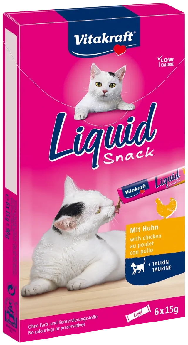 Vitakraft Liquid snack Nestemäinen välipala vähintään 3 kuukauden ikäisille kissoille kana + tauriini 6x15g
