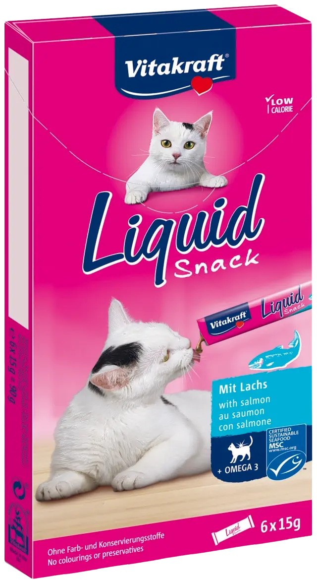 Vitakraft Liquid snack Nestemäinen välipala vähintään 3 kuukauden ikäisille kissoille lohi + omega 3 6x15g