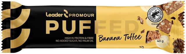 Leader Promour Puffed Banana-Toffee banaanin- ja toffeenmakuinen riisisuklaaproteiinipatukka 40 g