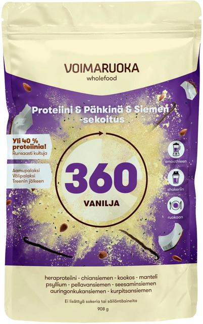Voimaruoka 360 Wholefood vaniljan makuinen proteiini-siemensekoitus 908g