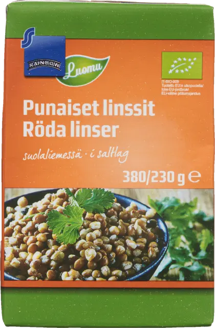 Rainbow 380/230g punaiset linssit suolaliemessä luomu