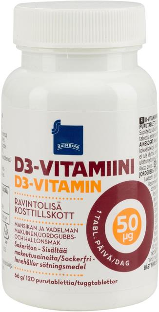 Rainbow D3-vitamiini 50?g ravintolisä 66g/120 purutablettia mansikan- ja vadelmanmakuinen