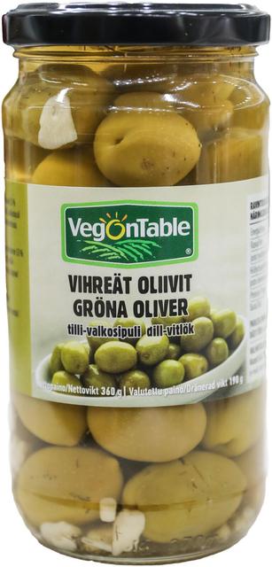 VegOnTable vihreät oliivit tilli-valkosipuli 360 g / 190 g