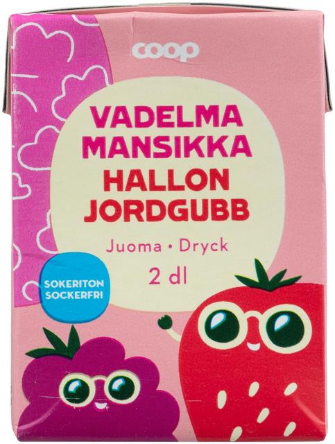 Coop sokeriton vadelma-mansikkajuoma 2dl