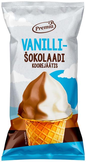 Premia vanilli- ja šokolaadi koorejäätis vahvlitopsis 70g/140ml