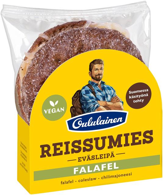 Oululainen Reissumies Eväsleipä Falafel 170g, täytetty täysjyväruisleipä falafel-coleslaw-chilimajoneesi