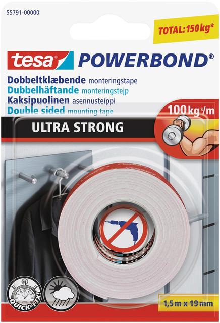 Tesa kaksipuolinen asennusteippi Powerbond Ultra Strong 1,5 m x 19 mm