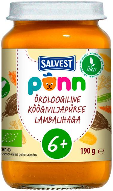 Põnn Ökoloogiline Köögiviljapüree lambalihaga 190 g, alates 6-elukuust