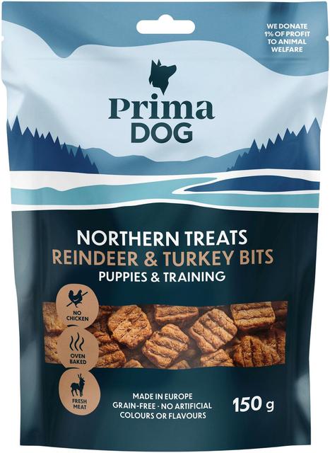 PrimaDog Northern Treats Bits Poro-Kalkkuna Pennuille ja Treenaamiseen 150 g