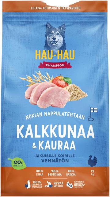 Hau-Hau Champion Nokian Nappulatehtaan Kalkkunaa & kauraa täysravinto aikuisille koirille 12 kg