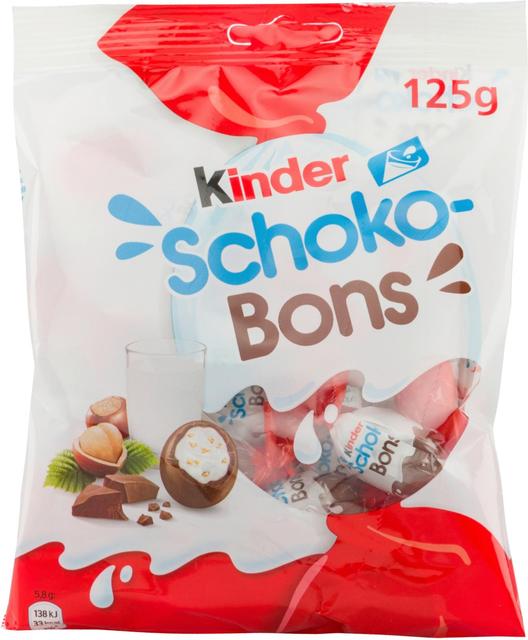 Kinder Schokobons maitosuklaata maitoisalla hasselpähkinärouhetäytteellä 125g