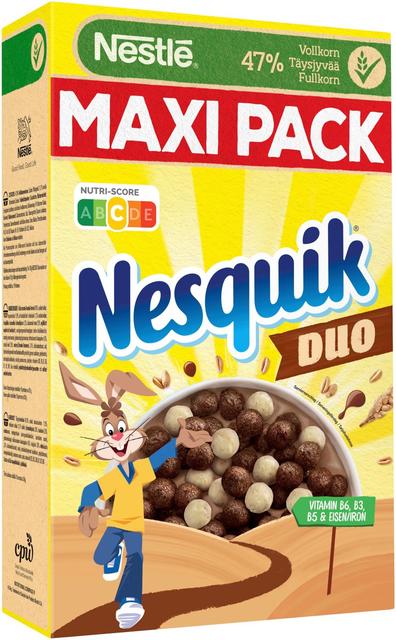 Nestlé Nesquik Duo 585g kaakaomuroja ja valkoisella suklaalla kuorrutettuja muroja