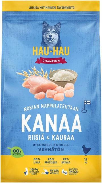 Hau-Hau Champion Nokian Nappulatehtaan Kanaa, riisiä & kauraa täysravinto aikuisille koirille 12 kg