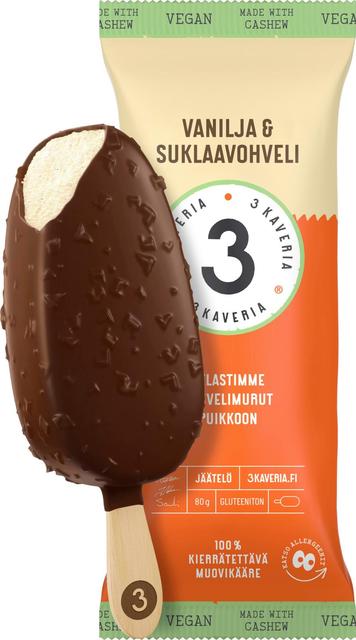 3 Kaveria Vegaaninen Vanilja & Suklaavohveli jäätelöpuikko 110ml/80g
