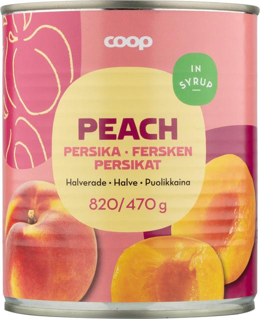 Coop persikat puolikkaina sokeriliemessä 820/470 g