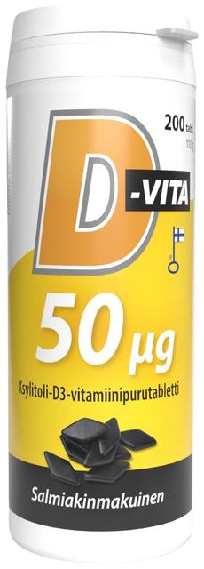 D-Vita 50 ug salmiakinmakuinen 200 tabl ksylitoli-D3-vitamiinipurutabletti