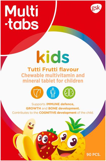 Multi-tabs Kids Monivitamiini Tutti Frutti, monivitamiini- ja kivennäisainetabletti lapsille, 90 purutablettia