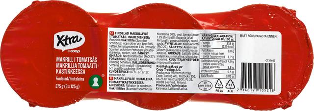 Xtra makrillifilee hiutaleina tomaattikastikkeessa 3 x 125/75g