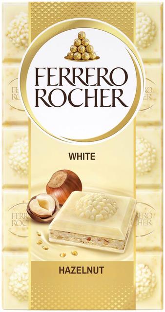 Ferrero Rocher White -valkosuklaalevy 90g. Täytettyä valkosuklaata (60%) hasselpähkinätäytteellä (37%) ja hasselpähkinän paloilla.