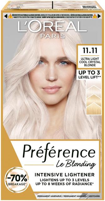 L'Oréal Paris Préférence Le Blonding 11.11 Ultra Light Extra Light Cool Silver Blonde Erittäin kirkas viileä hopeanvaalea kestoväri 1kpl