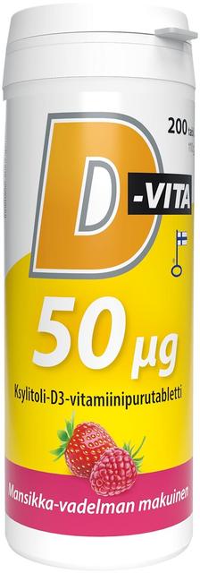 D-Vita 50 ug mansikka-vadelmanmakuinen 200 tabl ksylitoli-D3-vitamiinipurutabletti, Vitabalans