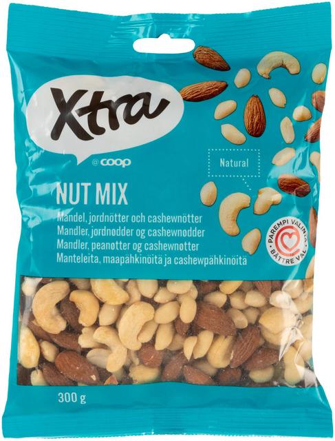 Xtra manteleita, kuorettomia maapähkinöitä ja cashewpähkinöitä 300 g