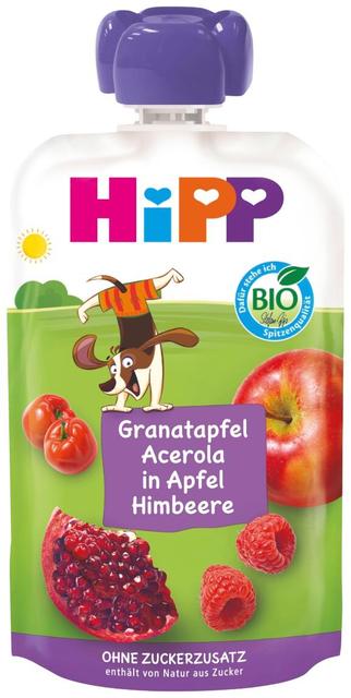 Hipp Super Hippis õuna-vaarikapüree granaatõuna ja acerola-kirsiga 100 g, öko, alates 1-eluaastast