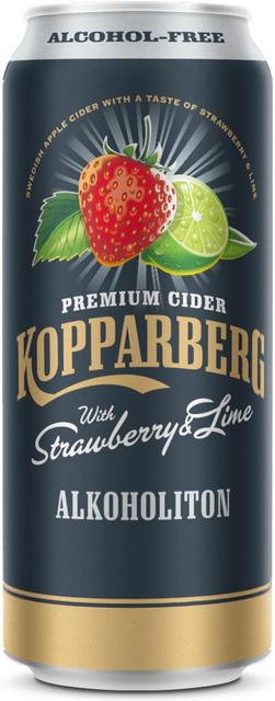 Premium Cider Kopparberg with Strawberry & Lime 0%, Mansikan & Limen makuinen alkoholiton omenasiideri tölkki 50cl