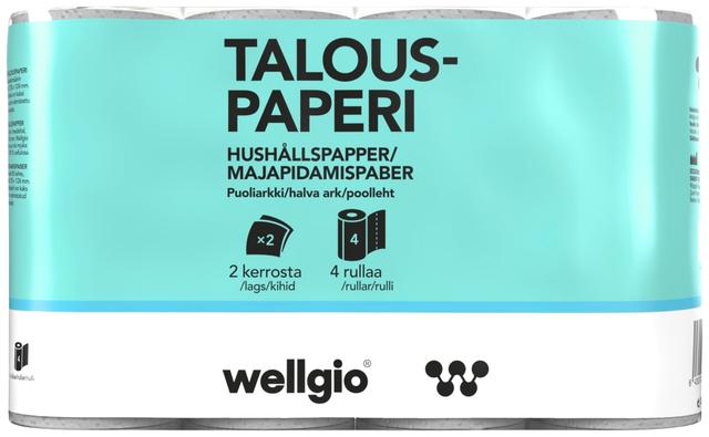 Wellgio Talouspaperi 4 Rullaa per paketti, 2 Kerroksista, 85 arkkia, Puoliarkki