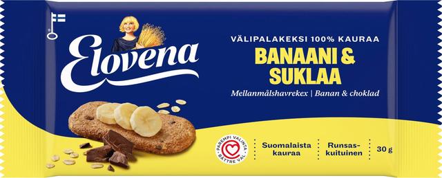 Elovena 30g banaani & suklaa täysjyvä välipalakeksi 100% kauraa