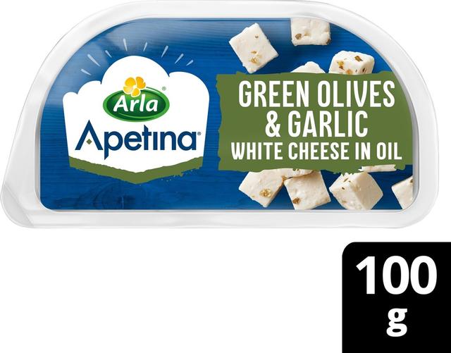 Apetina 100/60g snack vihreitä oliiveja, valkosipulia ja välimerellisiä juustokuutioita öljyssä