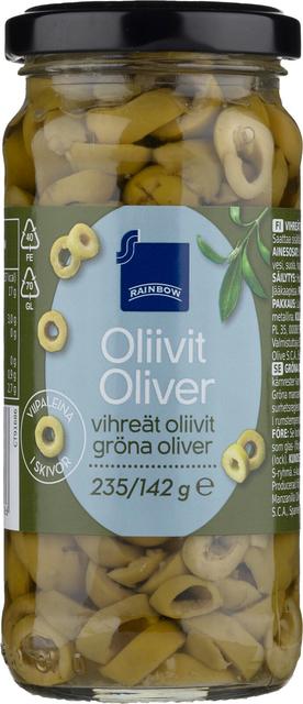 Rainbow vihreät oliivit viipaleina 235/142 g