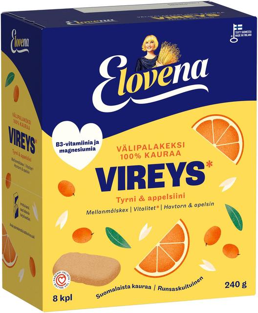 Elovena 8x30g vireys tyrni & appelsiini täysjyvävälipalakeksi